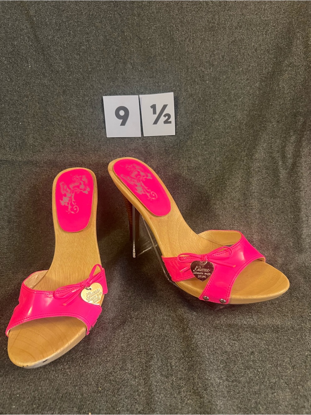 GUESS Pink Open-Toe Slide Heels with Heart Charm